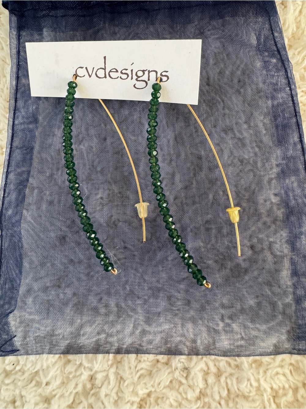 CV Designs Green Faceted Beaded Gold Tone Threader Drop Earrings